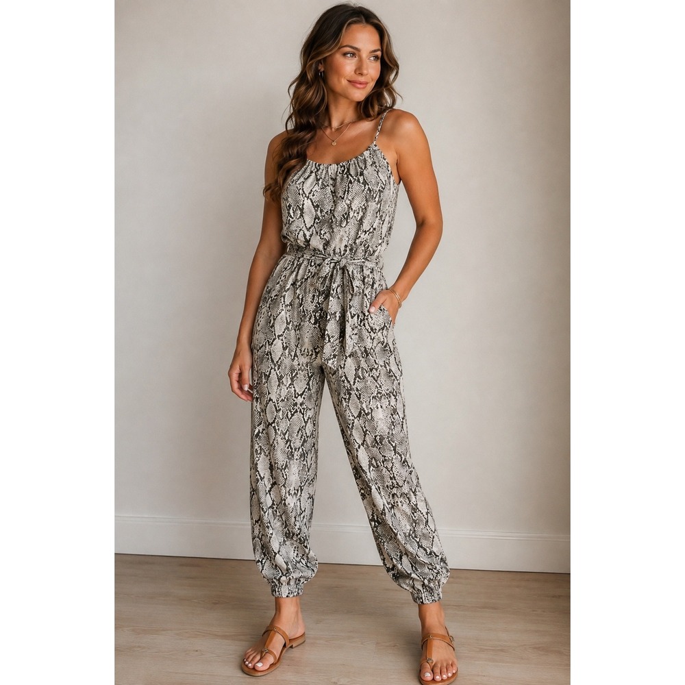 Snakeskin Harem Jumpsuit Tie Waist Elastic Ankle Boho Y2K Womens Medium